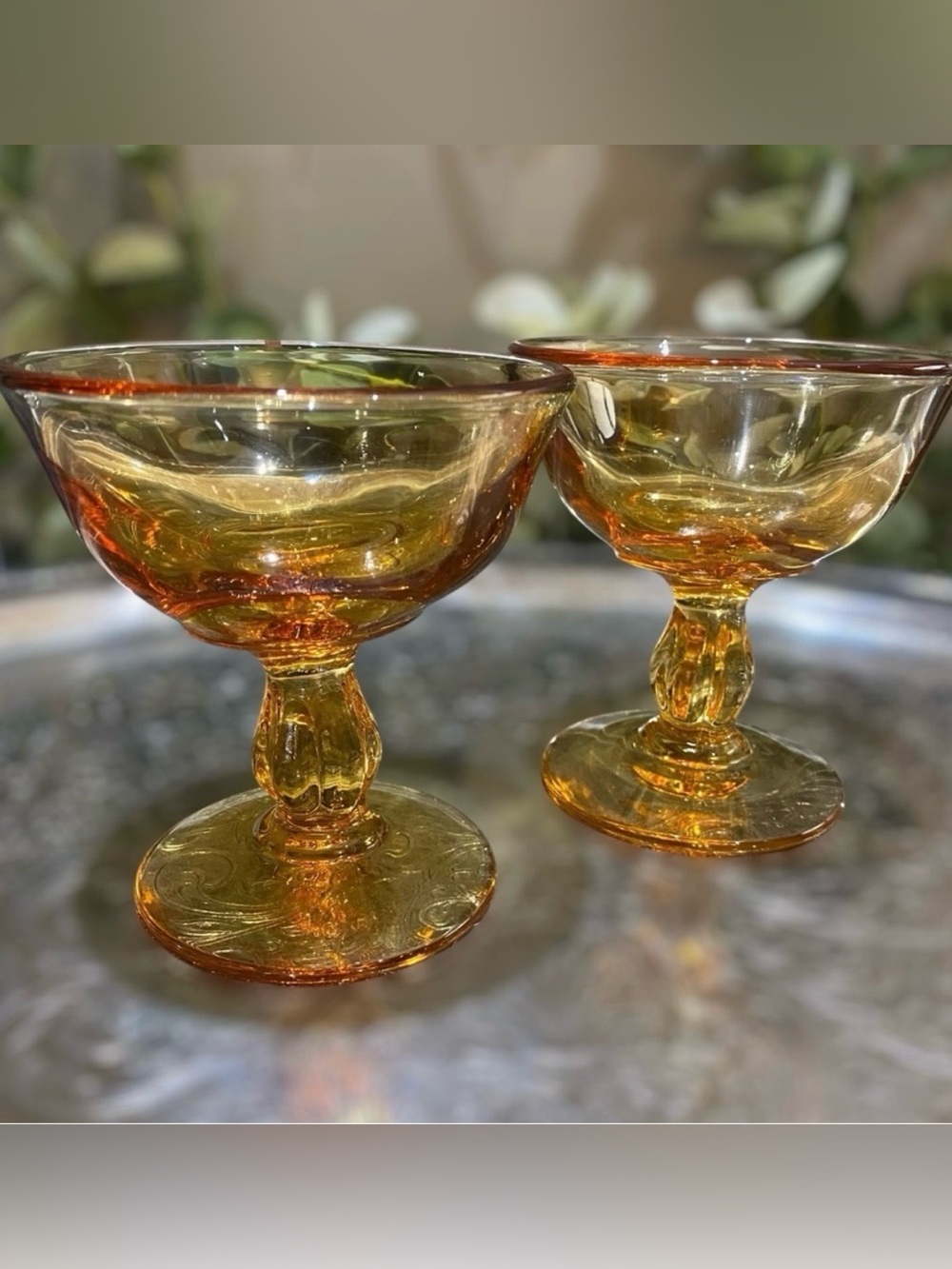 Tiffin Franciscan Desert Rose Amber Set 2 Footed Champagne Sherbert Stem Glasses